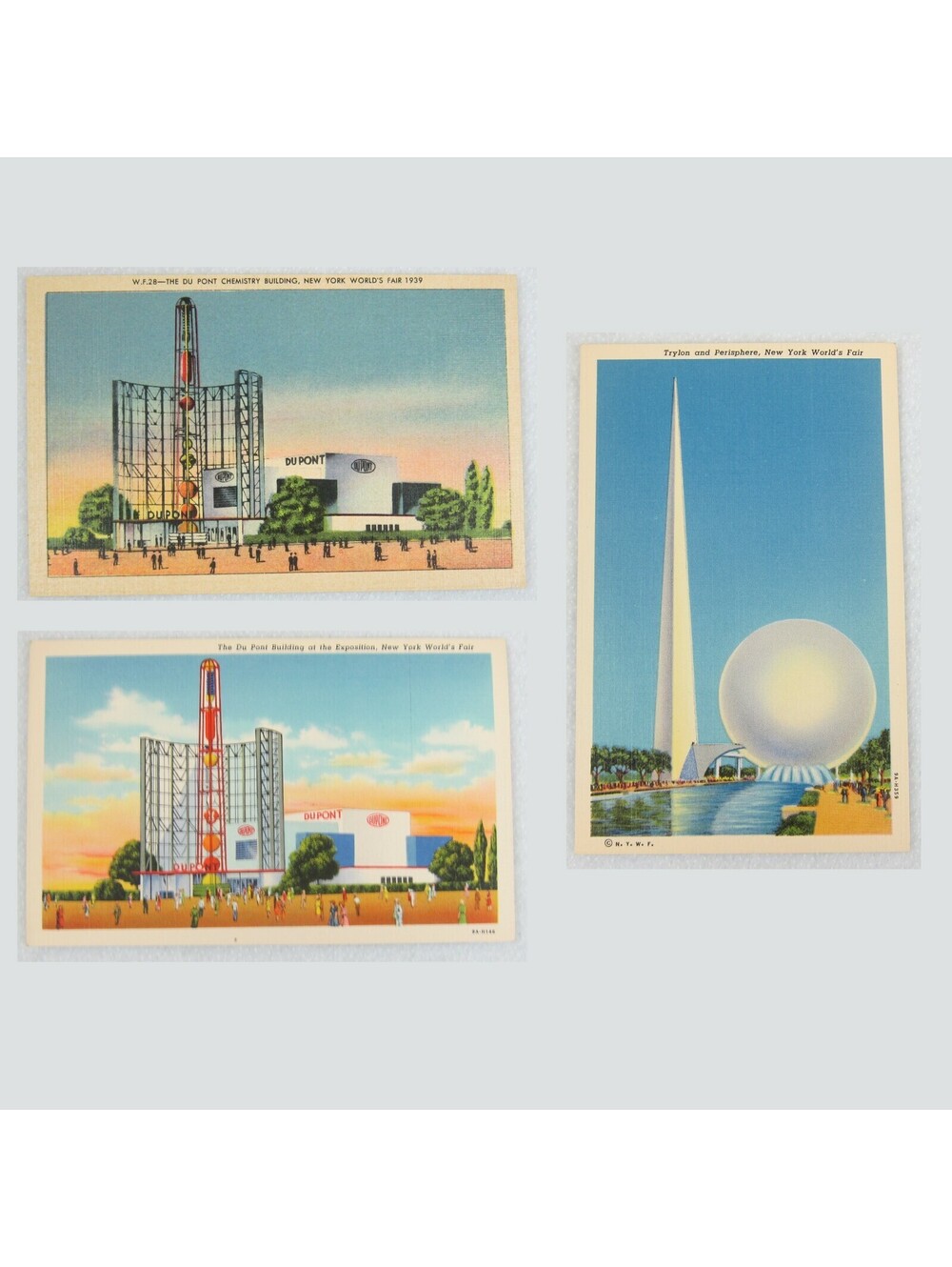 1939 New York Worlds Fair 3 Linen Postcards DuPont Building, Trylon & Perisphere